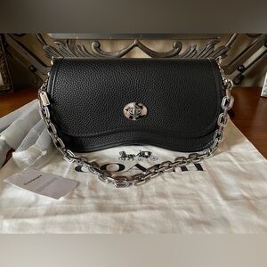 Coach Black Pebbled Leather Shoulder Bag with Silver Chain